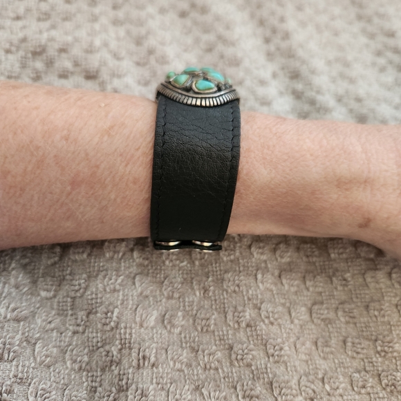 Barse Turquoise, 925, and Black Leather Bracelet - Picture 2 of 6
